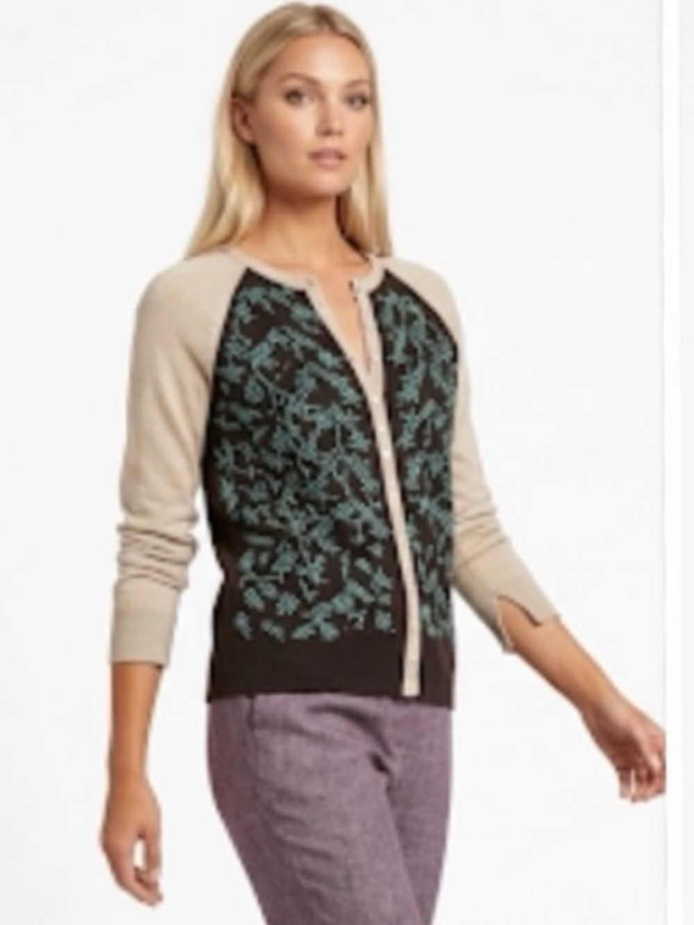 525 America Cashmere Cotton Raglan Floral Embroidered Cardigan Sweaters Sz L
